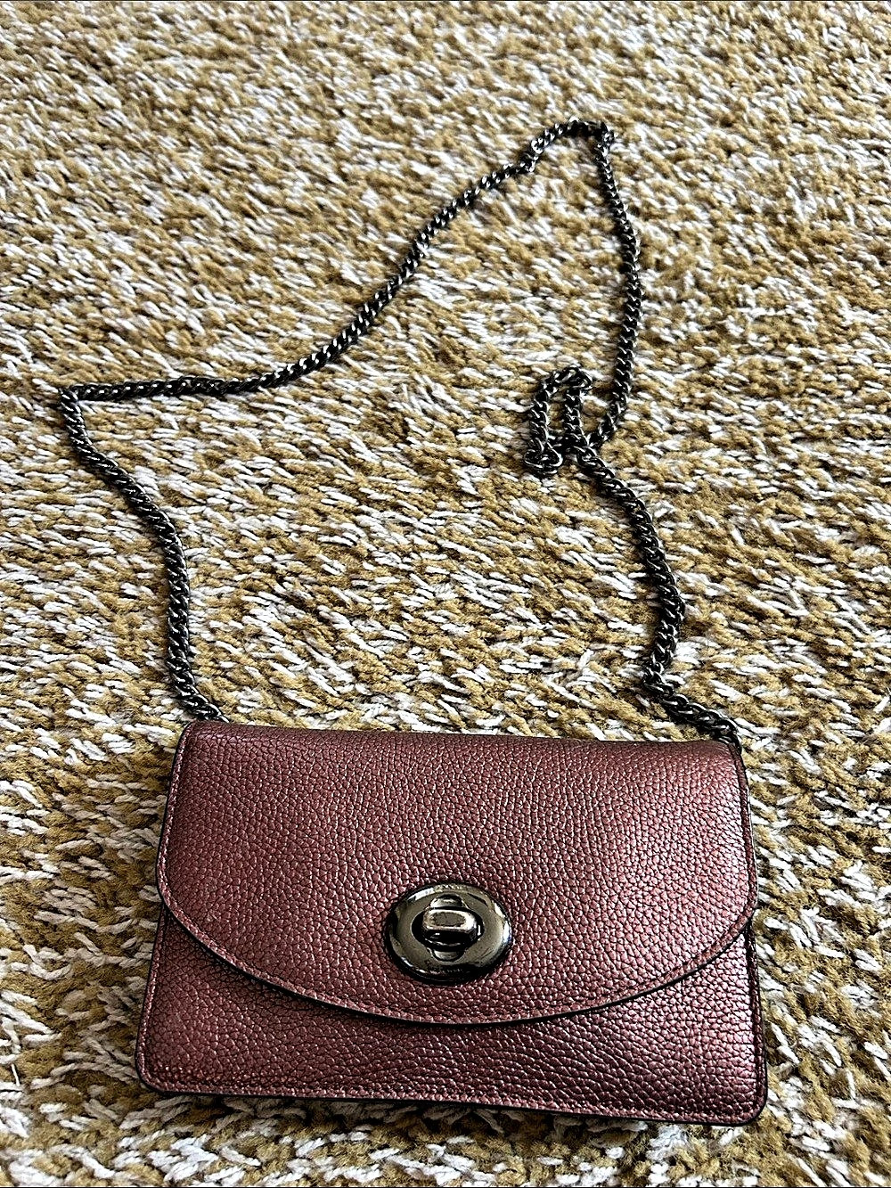 Coach Metallic Leather Turnlock Crossbody Burgundy Bag